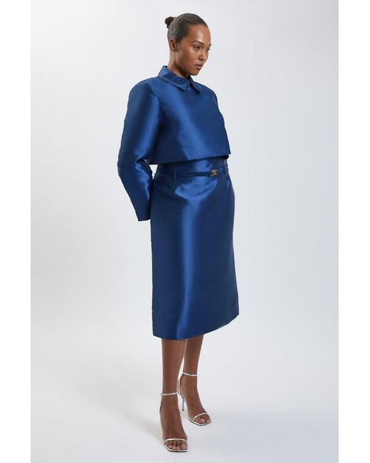 Karen Millen Blue Plus Size Forever Satin Twill Belted Tailored Midi Skirt