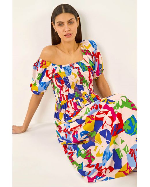 Roman Multicolor Abstract Print Shirred Midi Dress