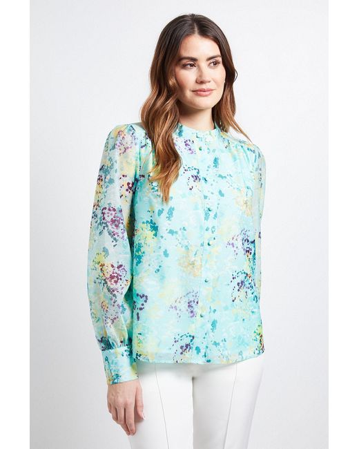 Wallis Blue Floral Organza Collarless Shirt