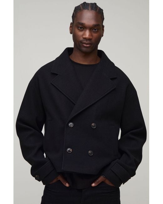 BoohooMAN Blue Tall Double Breasted Cropped Melton Overcoat for men