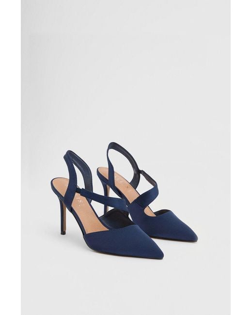 Wallis Blue Wide Fit Everly Satin Asymmetric Pointed Stiletto High Heel Courts