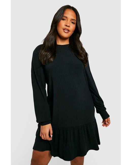 Boohoo Black Plus Soft Rib Ruffle Hem Smock Dress