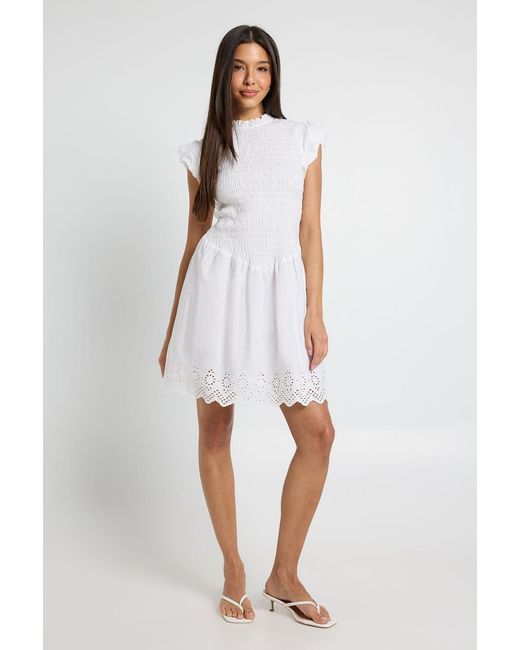 Boohoo White Shirred Body Mini Dress With Broderie Hem