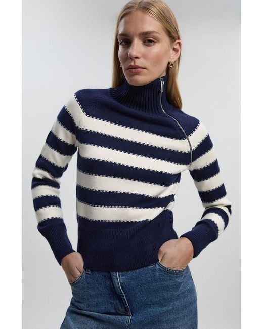 Karen Millen Blue Stripe Zip Through Funnel Neck Knit Jumper