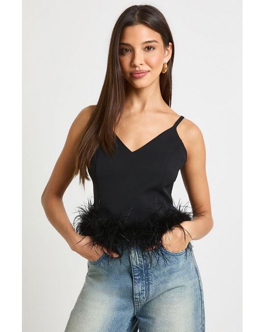 Boohoo Black Feather Trim Cami Top