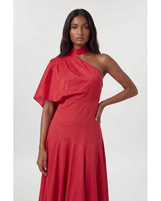 Karen Millen Premium Tailored Linen High Neck One Shoulder Full Midi Dress