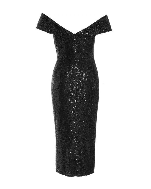 Quiz Black Sequin Bardot Split Midi Dress