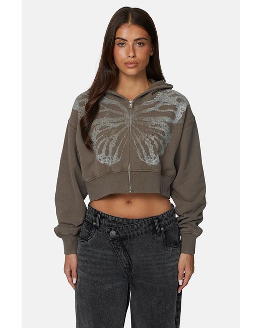 Good For Nothing Brown Cropped Zip Hoodie With Graphic Print