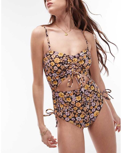 TOPSHOP Brown Cut Out Ruche Side Swimsuit