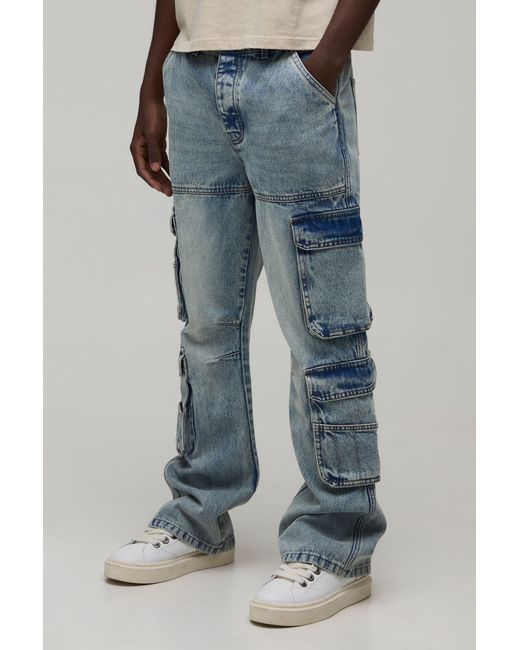 BoohooMAN Blue Washed Relaxed Fit Cargo Flared Jeans for men