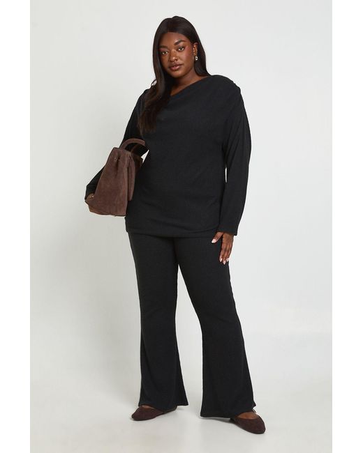 Boohoo Black Plus Brushed Rib Ruched Shoulder Detail Top And Wide Leg Trousers