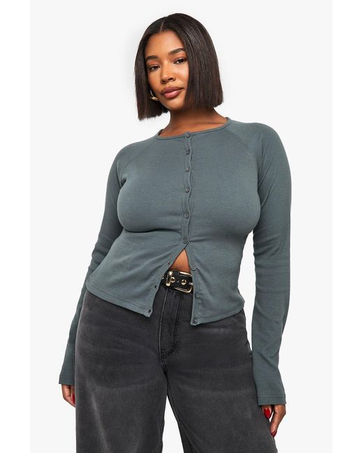 Boohoo Blue Plus Button Down Long Sleeve Top
