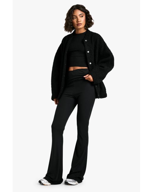 Boohoo Black Tall Fold Over Waist Soft Rib Flare Trouser