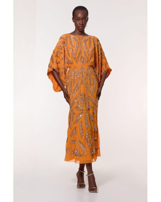 Karen Millen Orange Kimono Sleeve Embellished Maxi Dress