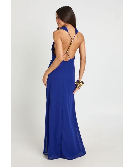 Boohoo Blue Chiffon High Cowl Neck Open Back Maxi Dress