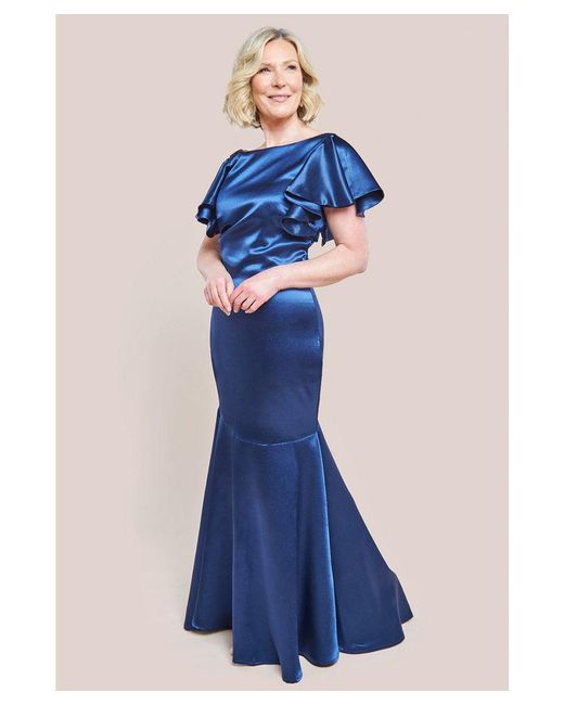 Goddiva Blue Satin Flutter Sleeve Mermaid Maxi Dress