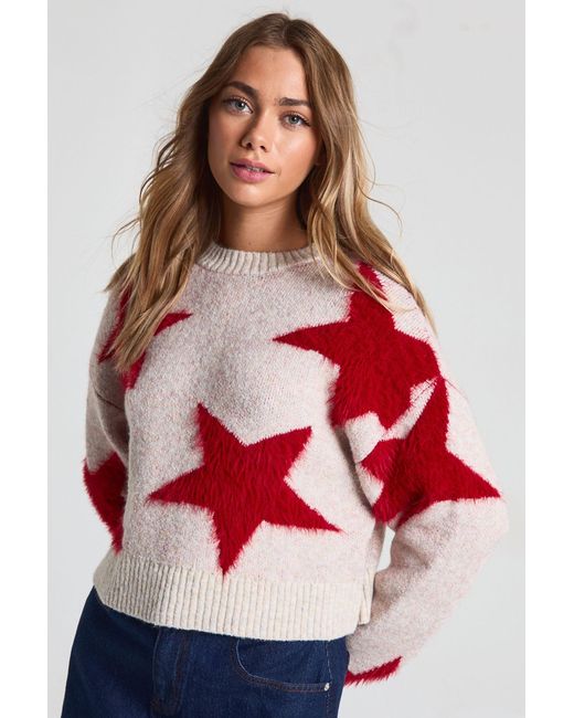 Boohoo Red Crew Neck Fluffy Knit Star Print Jumper