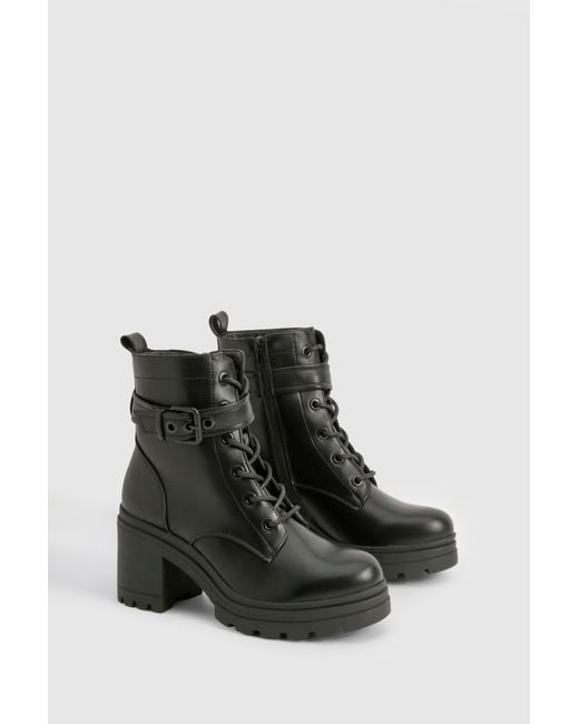 Boohoo Black Buckle Detail Lace Up Hiker Boots