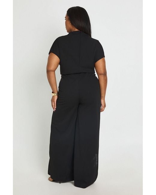 Boohoo Black Plus Crepe Grown On Neck Drawstring Waistband Wide Leg Jumpsuit