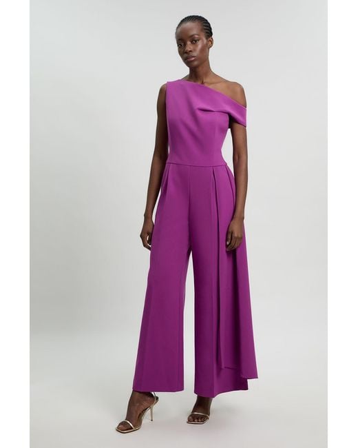 Karen Millen Purple Compact Stretch Asymmetric Neck Wide Leg Jumpsuit