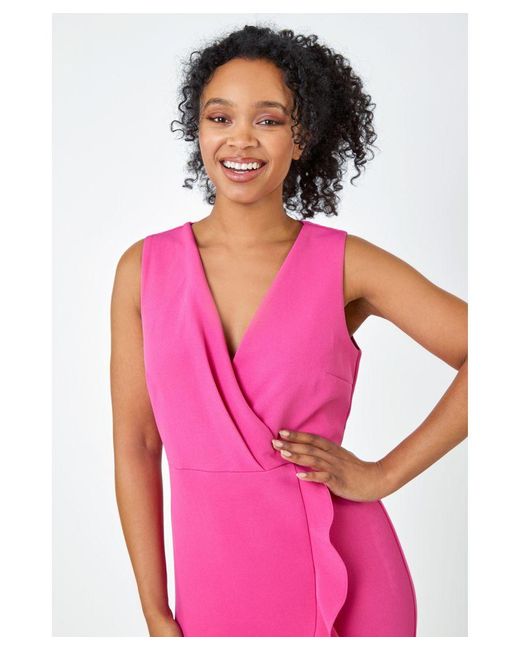 Roman Petite Pink Sleeveless Frill Hem Wrap Dress