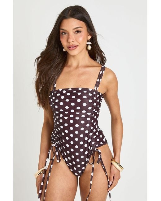 Boohoo Black Polka Dot Ruched Swimsuit