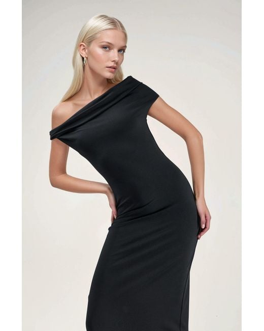 Hiccup Black Asymmetrical Collar Bodycon Maxi Dress