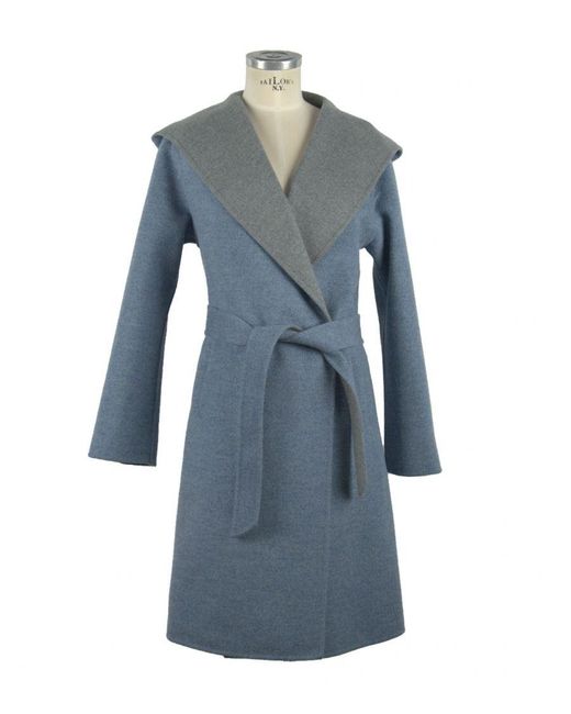 Made in Italia Blue Loro Piana Fabric Two-tone Coat With Hood And Belt Wool