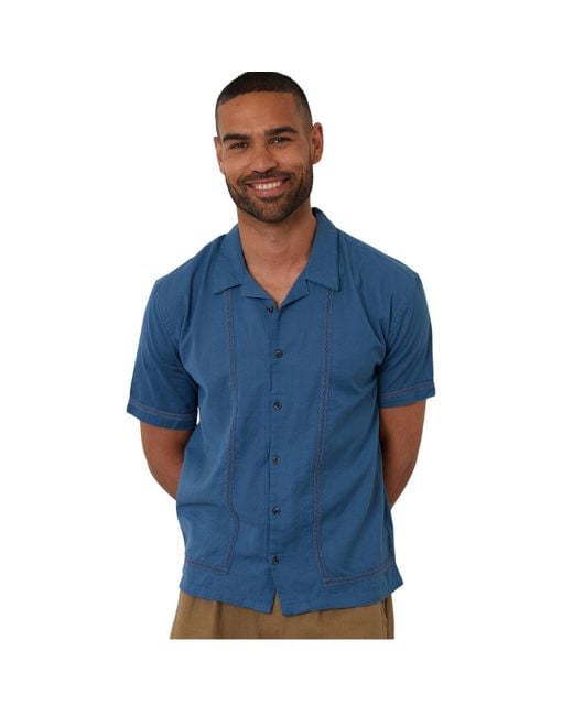 Threadbare Blue Embroidered Collared Short-Sleeved Bowling Shirt (Denim) for men