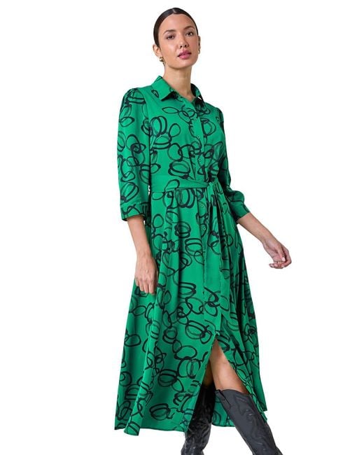 Roman Green Abstract Circle Print Midi Shirt Dress