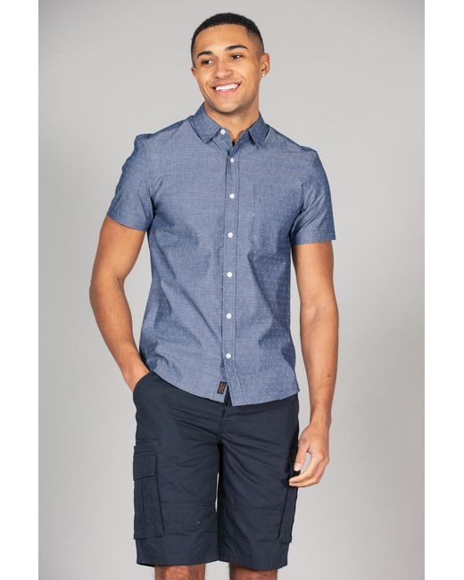 Tokyo Laundry Blue Mid Cotton Short Sleeve Button-Up Printed Shirt With Chest Pocket for men
