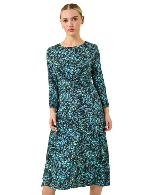 Roman Green Abstract Print Twist Front Midi Dress