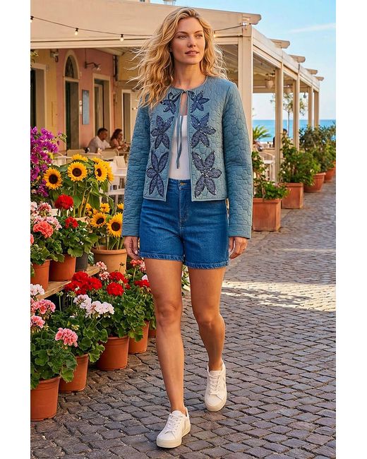 Roman Blue Sequin Embellished Quilted Jacket