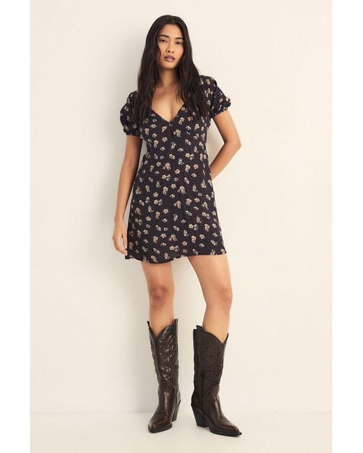 Nasty Gal Black Ditsy Polka Dot Puff Sleeve Button Front Mini Dress