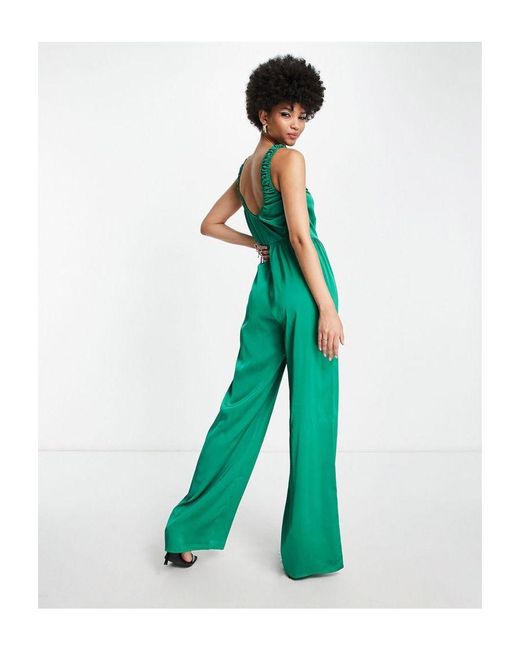 Lola May Green Tall Satin Ruched Side Wide Leg Jumpsuit