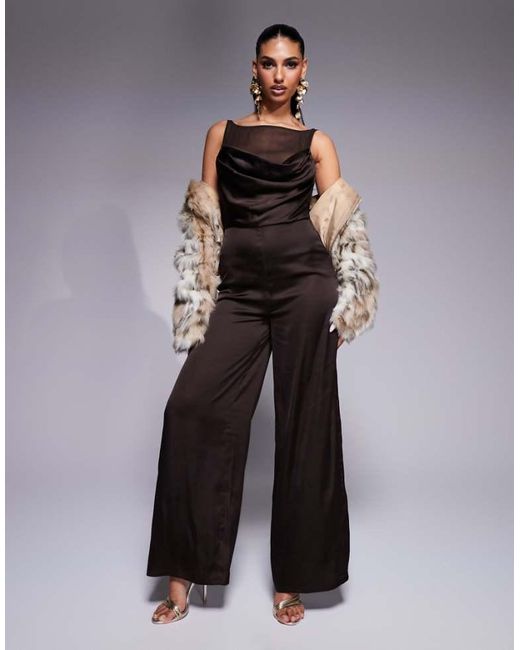 ASOS Brown Cowl Neck Satin Jumpsuit With Sheer Underlay And Buckle Back