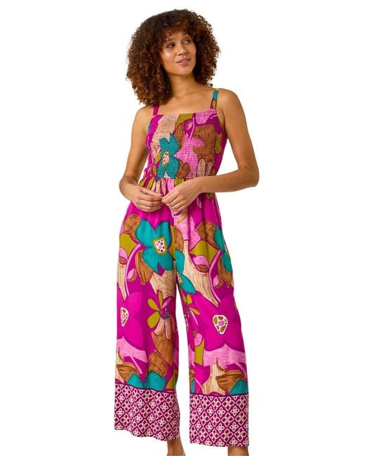 Roman Red Floral Border Ruched Jumpsuit