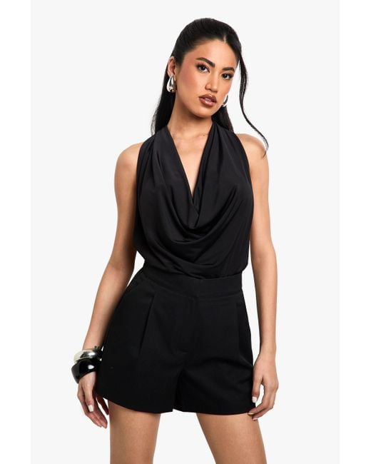 Boohoo Black Slinky Cowl Neck Top With Drape Deatil