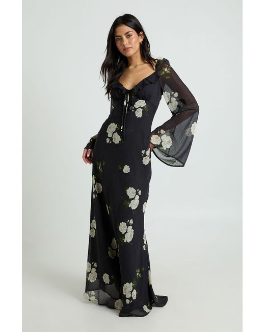 Boohoo Black Floral Chiffon Ruffle Maxi Dress