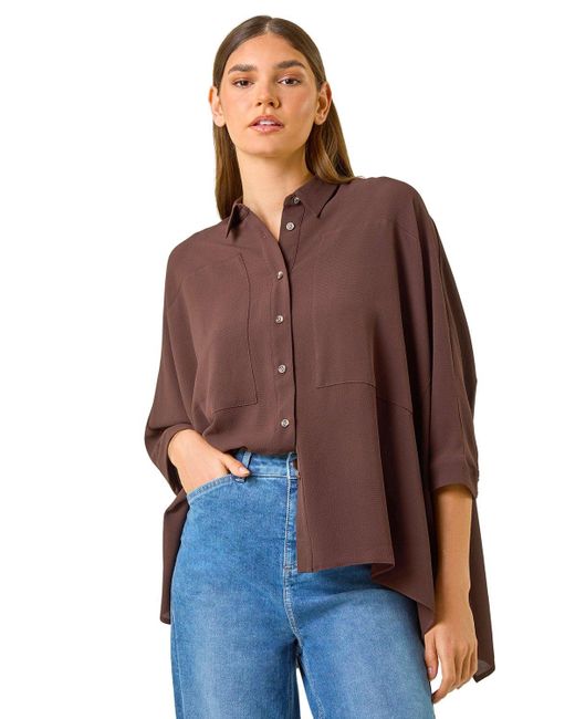 Roman Brown Relaxed Smart Stretch Shirt Blouse Top