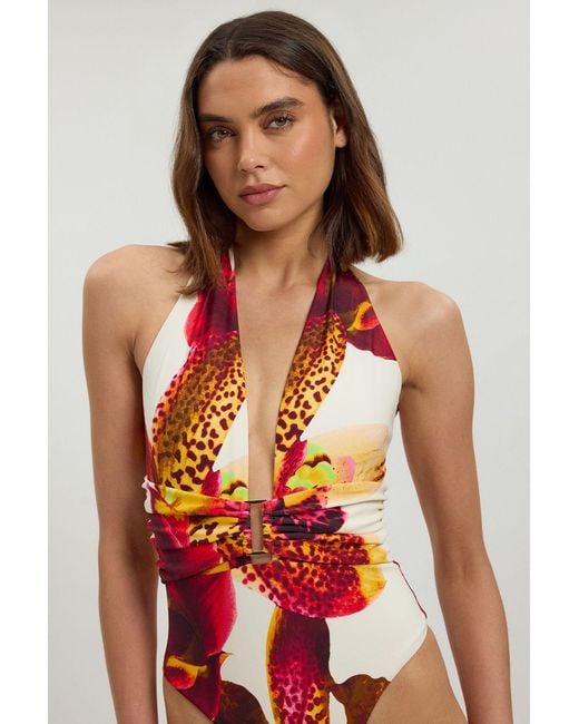 Karen Millen Red Orchid Print Plunge Swimsuit