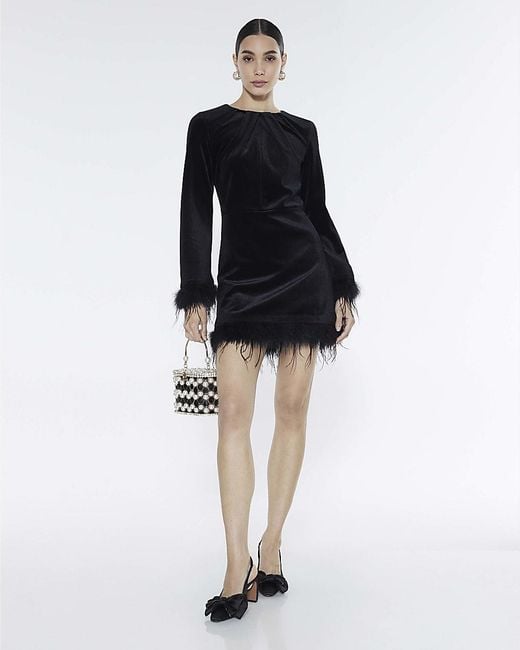 River Island Black Dress Velvet Long Sleeve Feather Trim