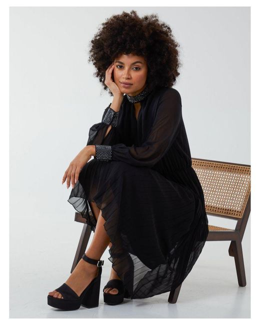 Blue Vanilla Black Diamante Collar Pleated Skirt Midi Dress