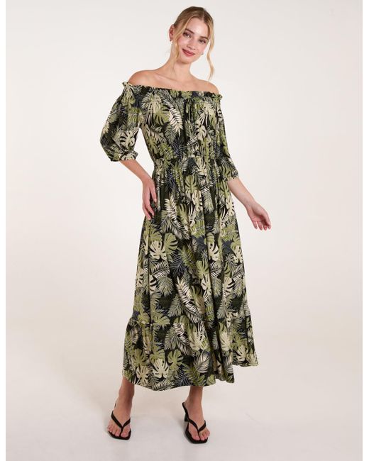 Blue Vanilla Green Bardot Elasticated Maxi Dress