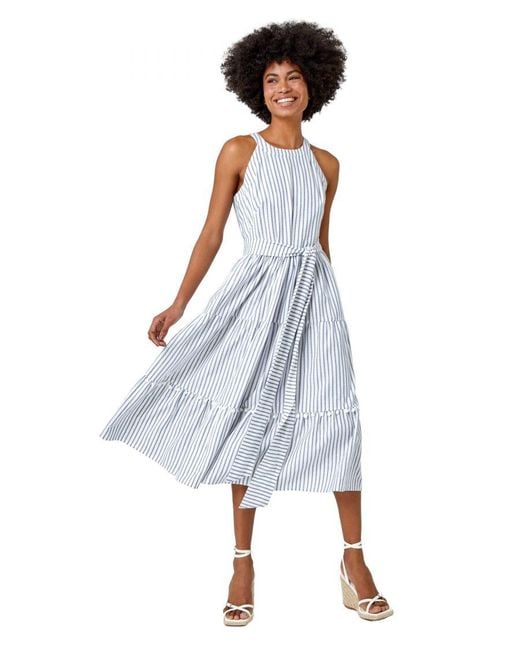 Roman Blue Tiered Cotton Halter Neck Stripe Dress