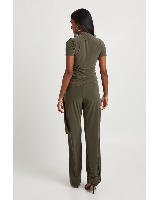 Boohoo Green Textured Grown On Neck Drape Tie Top And Straight Leg Trouser Coord