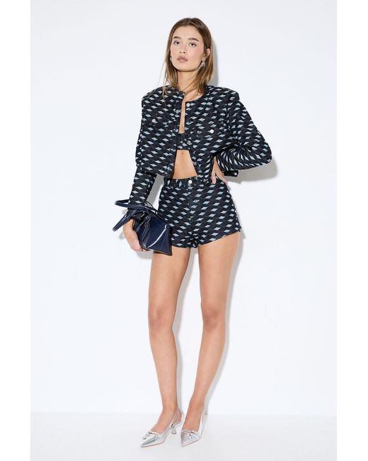 MissPap Blue Premium Denim Diamond Textured Trucker Jacket Co-Ord