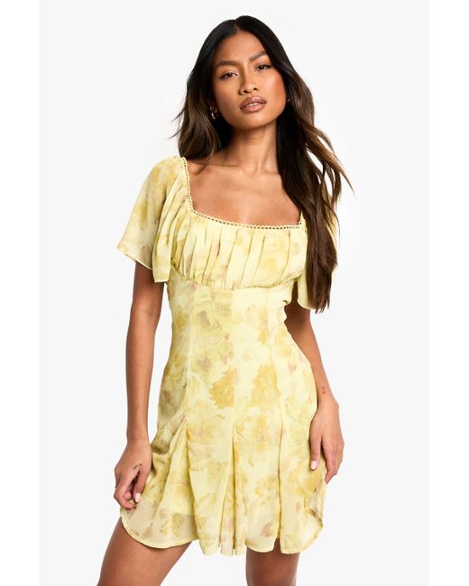 Boohoo Yellow Floral Milkmaid Godet Hem Mini Dress