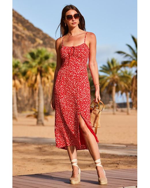 Sosandar Orange Floral Print Ruched Detail Strappy Midi Dress