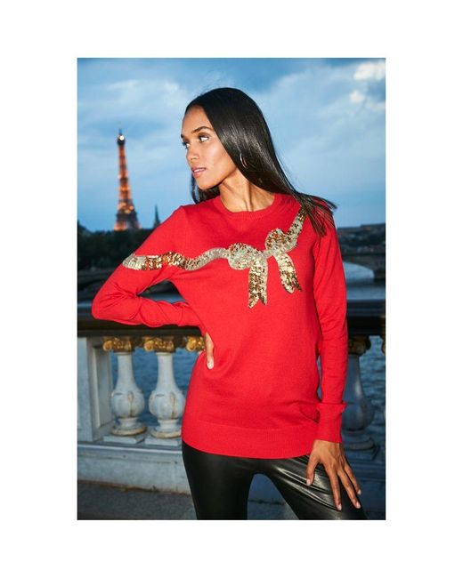 Sosandar Red Sequin Bow Knit Jumper
